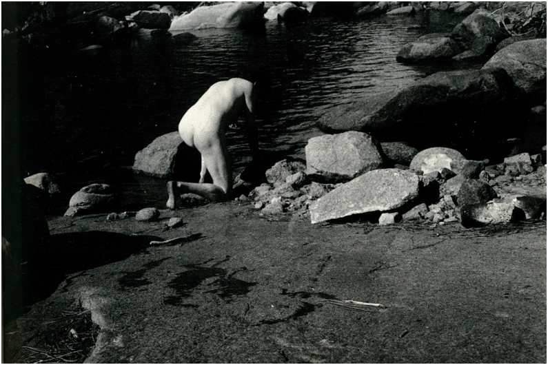 R. M. Schindler kneeling nude in Yosemite, October 1921. Photographed by Pauline Gibling Schindler.